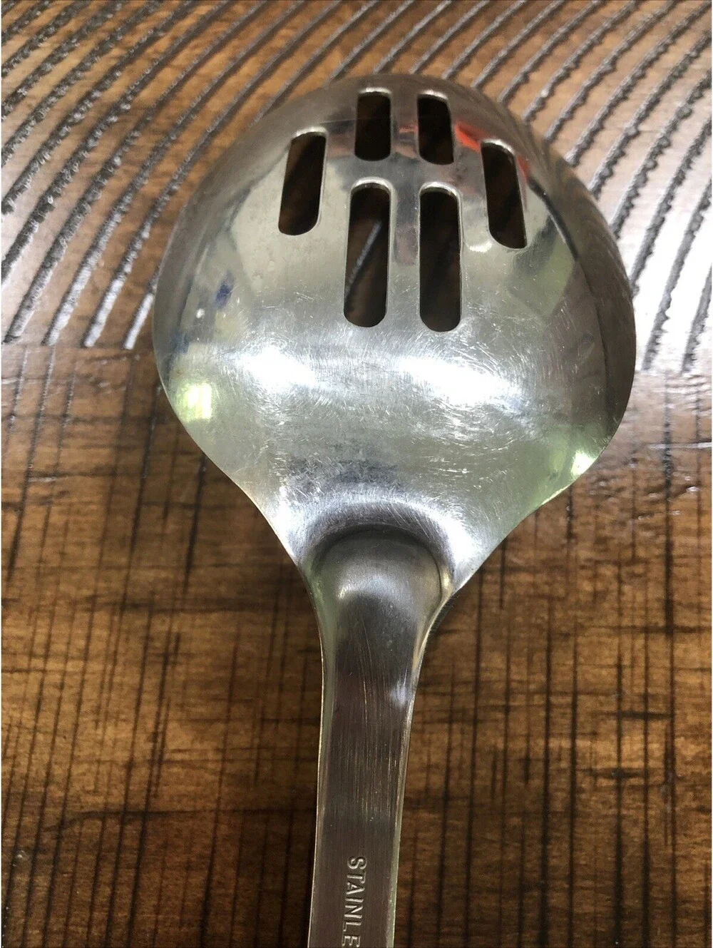 Vtg 14” Stainless Steel Slotted Serving Spoon Faux Tortoiseshell/ Marbled Handle